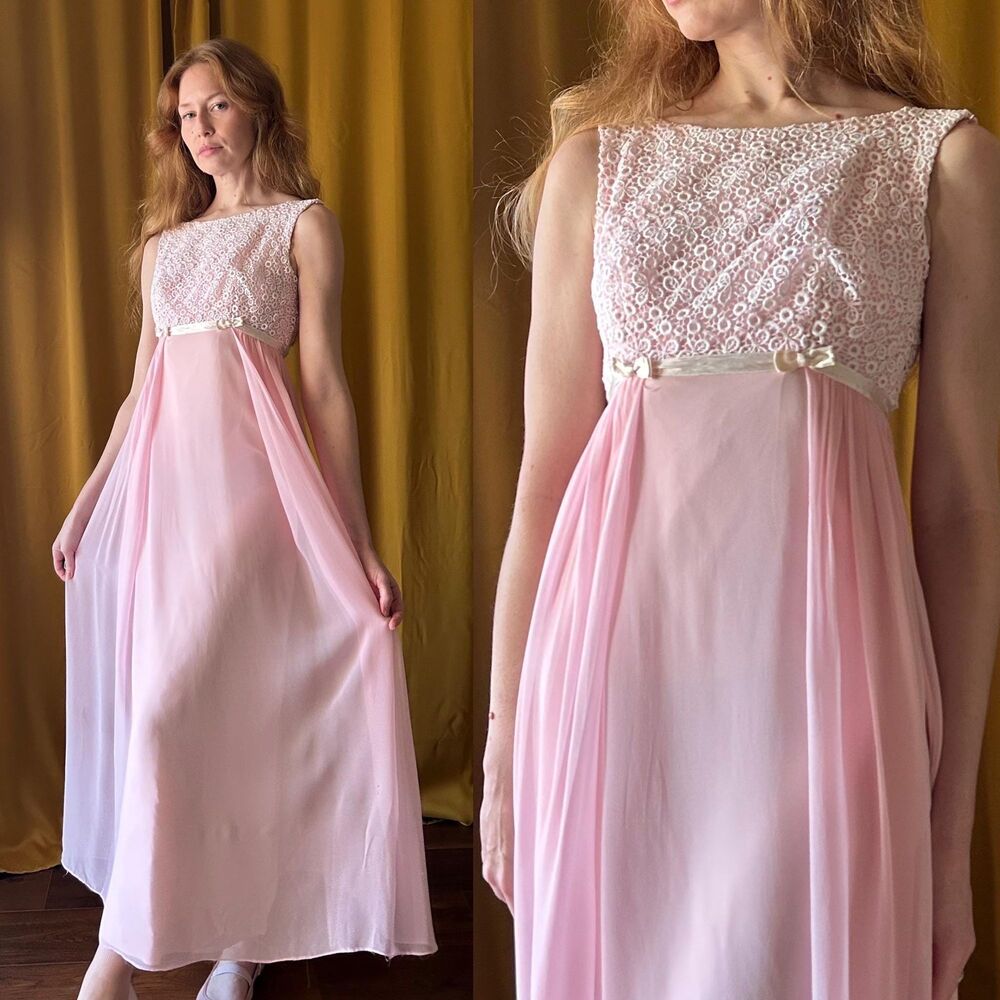 Vintage 1960s Regency Style Pink Chiffon Formal Dress, Size XXS